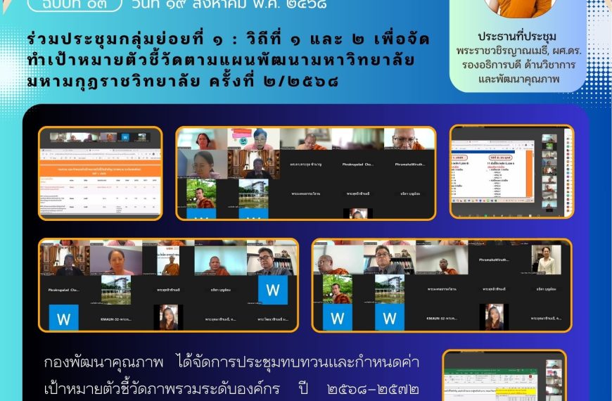 คณะทำงานกลุ่มย่อยที่ 1 : วิถีที่ 1 และ 2 เพื่อจัดทำเป้าหมายตัวชี้วัดตามแผนพัฒนามหาวิทยาลัยมหามกุฏราชวิทยาลัย ครั้งที่ 2/2568
